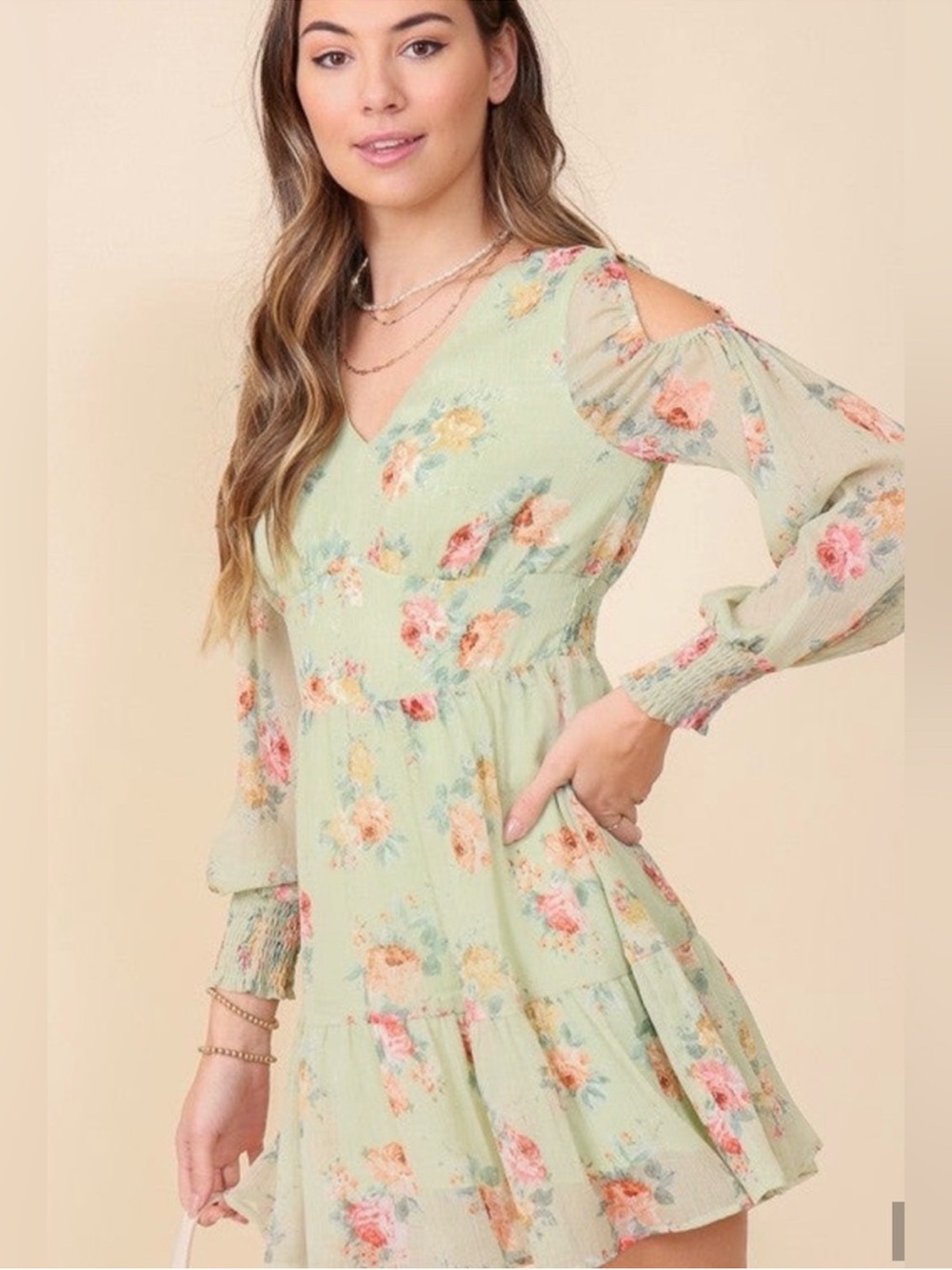 Floral V-Neck Green Mini Dress - Picture 4 of 7